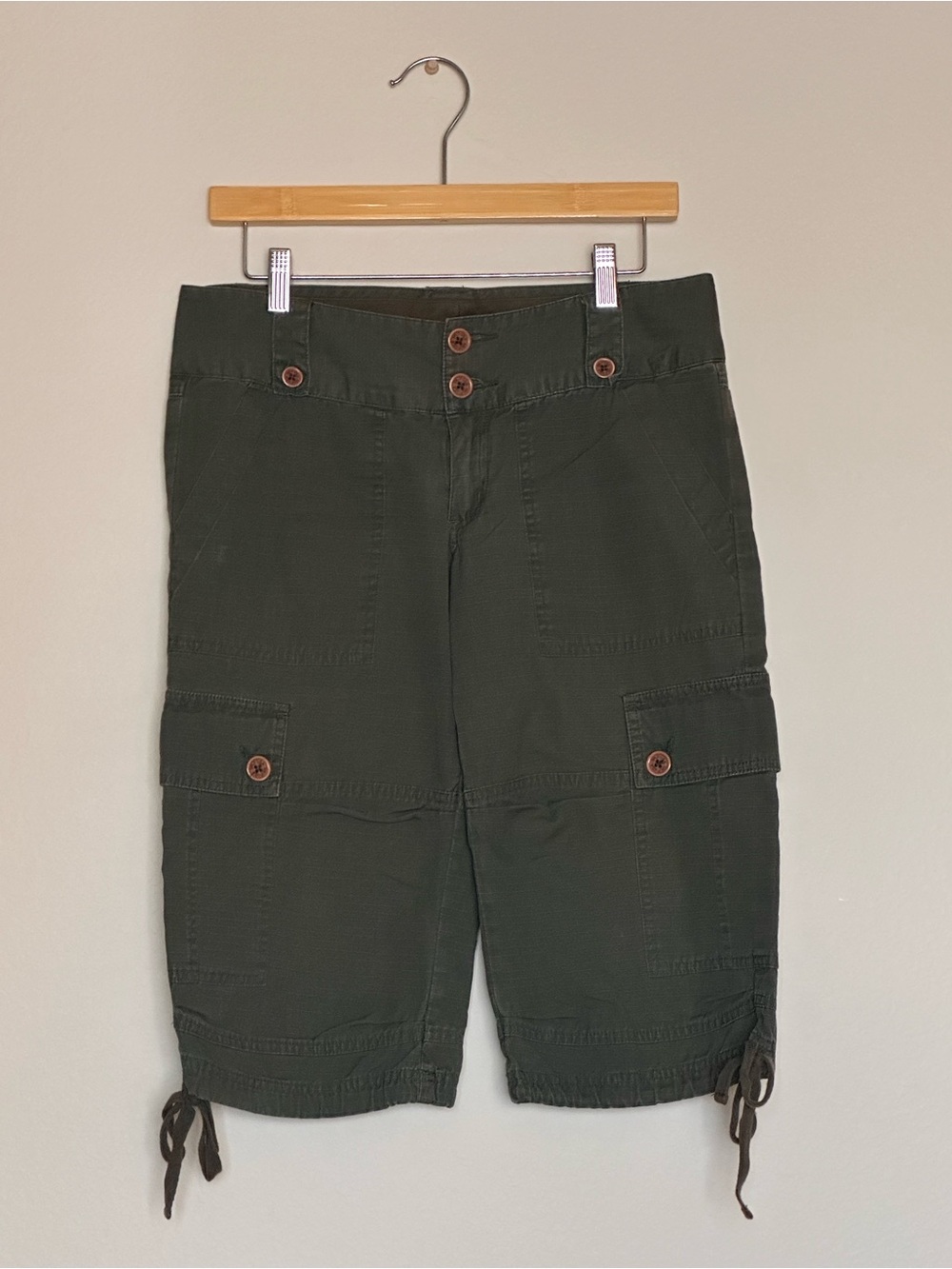split Dark Olive Cargo Shorts with Button Details